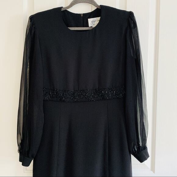 Jeffrey & Dara Dress by Linda Hutley Black Beaded Puff Sheer Sleeve Formal 10 - Picture 10 of 14